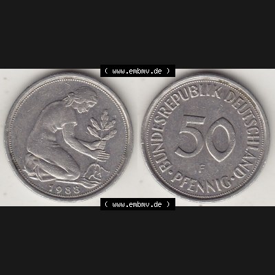BRD Münzen 50 Pf. Umlaufmünze 1950-2001, 50 Pfennig BRD Deutschland 1988 F-1. Vorderseite und Rückseite mit Wert-Zahl auf einen Bild / Foto der digitalisierten 50... Sammlung