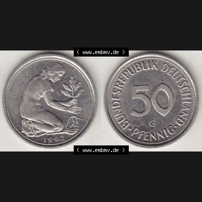 BRD Münzen 50 Pf. Umlaufmünze 1950-2001, 50 Pfennig 1992 G-1. Vorderseite und Rückseite mit Wert-Zahl auf einen Bild / Foto der digitalisierten 50 Pfennig G,... Sammlung