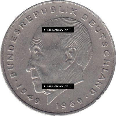 BRD Münzen 2 DM, Gedenkmünze 1969-1987, 2 DM, Deutsche Mark Münze mit Konrad Adenauer aus Deutschland 1975 F-1. Rückseite mit Wert-Zahl von 5 DM einer Deutschen... Sammlung