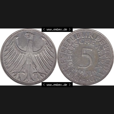 BRD Münzen Silbermünze 1951-1974, 5 DM aus Deutschland, 5 Deutsche Mark Silberadler, Heiermann 1951 Münzzeichen / Mzz. "J" für Hamburg-1.... Sammlung