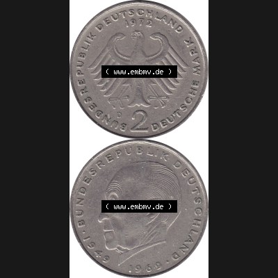 BRD Münzen 2 DM, Gedenkmünze 1969-1987, 2 DM, Deutsche Mark Münze mit Konrad Adenauer aus Deutschland 1972 D-1. Vorderseite und Rückseite mit Wert-Zahl einer... Sammlung