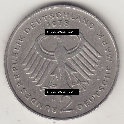 BRD Münzen 2 DM, Gedenkmünze 1969-1987, 2 DM, Deutsche Mark Konrad Adenauer 1978 F-1. Vorderseite einer 2 DM, 2 Deutsche Mark F Gedenkmünze, Mzz.... Sammlung
