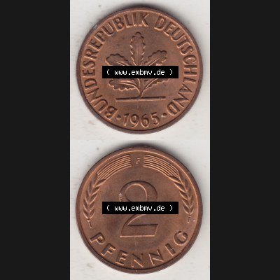 BRD Münze aus Deutschland 1950-2001, 2 Pfennig 1965 F (4) Sammlung
