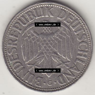 BRD Münzen 1 Deutsche Mark, Umlaufmünze 1950-2001, 1 DM Deutsche Mark, 1954 G-3. Vorderseite einer 1 DM, 1 Deutsche Mark G, Mzz. G für Karlsruhe... Sammlung