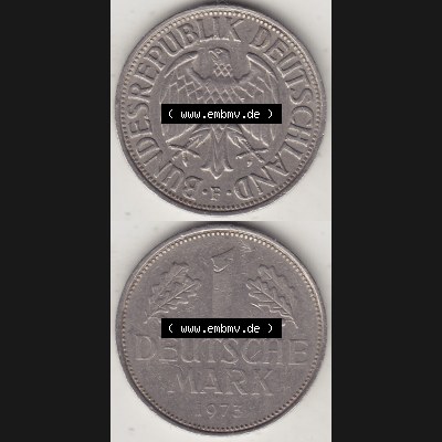 BRD Münzen 1 Deutsche Mark, Umlaufmünze 1950-2001, 1 DM Deutsche Mark, 1973 F-2. Münzen-Rückseite und Münzen-Vorderseite vertikal untereinander als Vollansicht... Sammlung