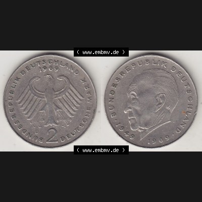 BRD Münzen 2 DM, Gedenkmünze 1969-1987, 2 DM, Deutsche Mark Konrad Adenauer 1969 D-1. VS-RS auf einen Bild / Foto einer 2 DM, 2 Deutsche Mark D Gedenkmünze,... Sammlung
