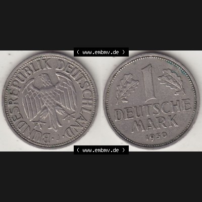 BRD Münzen 1 DM, Umlaufmünze 1950-2001, 1 DM Deutsche Mark, 1950 J-3. Münzen-Rückseite und Münzen-Vorderseite als Vollansicht einer 1 DM, 1 Deutsche... Sammlung