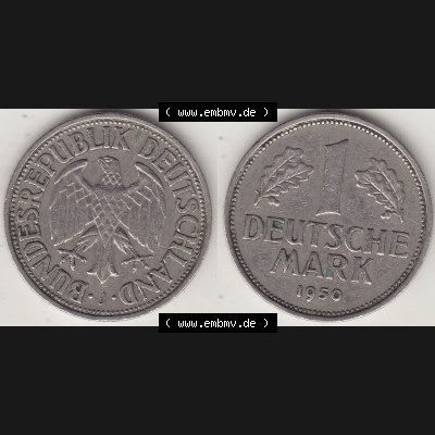 BRD Münzen 1 Deutsche Mark, Umlaufmünze 1950-2001, 1 DM Deutsche Mark, 1950 J-6. Münzen-Rückseite und Münzen-Vorderseite als Vollansicht einer 1 DM,... Sammlung