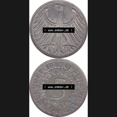 BRD Münzen Silbermünze 1951-1974, 5 DM aus Deutschland, 5 Deutsche Mark Silberadler, Heiermann 1951 Münzzeichen / Mzz. "J" für Hamburg-1.... Sammlung