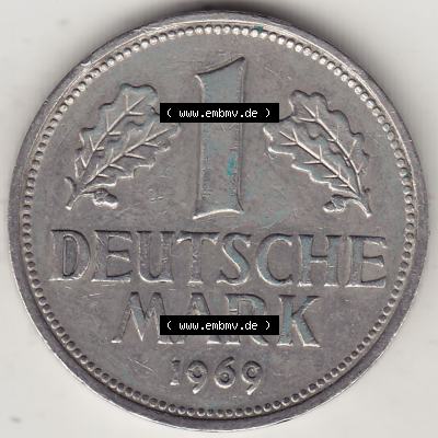BRD Münzen 1 Deutsche Mark, Umlaufmünze 1950-2001, 1 DM Deutsche Mark, 1969 D-1. Münzen-Rückseite mit Nennwert / Nominalwert / Wert-Zahl einer 1 DM,... Sammlung