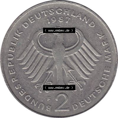 BRD Münzen 2 DM, Gedenkmünze 1969-1987, 2 DM, Deutsche Mark Münze mit Konrad Adenauer aus Deutschland 1987 F-1. Vorderseite einer Deutschen Münze der BRD,... Sammlung