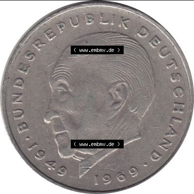 BRD Münzen 2 DM, Gedenkmünze 1969-1987, 2 DM, Deutsche Mark Münze mit Konrad Adenauer aus Deutschland 1976 F-1. Rückseite mit Wert-Zahl von 5 DM einer Deutschen... Sammlung