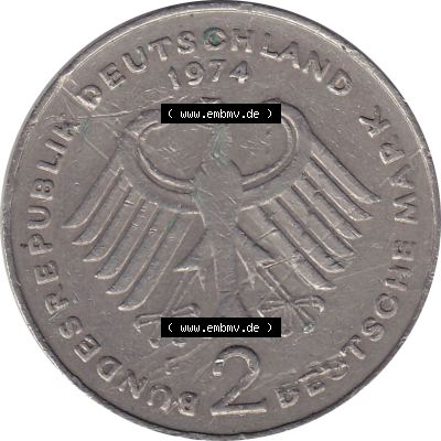 BRD Münzen 2 DM, Gedenkmünze 1969-1987, 2 DM, Deutsche Mark Münze mit Konrad Adenauer aus Deutschland 1974 F-1. Vorderseite einer Deutschen Münze der BRD,... Sammlung