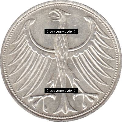 BRD Münzen Silbermünze 1951-1974, 5 DM aus Deutschland, 5 Deutsche Mark Silberadler, Heiermann 1971 Münzzeichen / Mzz. "J" für Hamburg-1.... Sammlung