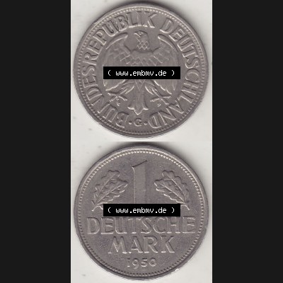BRD Münzen 1 Deutsche Mark, Umlaufmünze 1950-2001, 1 DM Deutsche Mark, 1950 G-1. Münzen-Rückseite und Münzen-Vorderseite vertikal untereinander als Vollansicht... Sammlung
