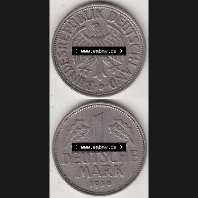 BRD Münzen 1 DM, Umlaufmünze 1950-2001, 1 DM Deutsche Mark, 1950 D-3. Münzen-Rückseite und Münzen-Vorderseite vertikal untereinander als Vollansicht für... Sammlung