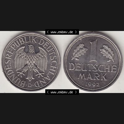 BRD Münzen 1 Deutsche Mark, Umlaufmünze 1950-2001, 1 DM Deutsche Mark, 1992 D-1. Münzen-Rückseite und Münzen-Vorderseite als Vollansicht einer 1 DM,... Sammlung