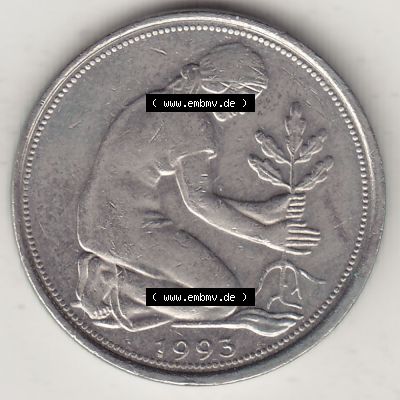 BRD Münzen 50 Pf. Umlaufmünze 1950-2001, 50 Pfennig Münze aus Deutschland 1993 D-1. Vorderseite der digitalisierte 50 Pfennig D, mit Mzz. D für München... Sammlung