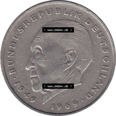 BRD Münzen 2 DM, Gedenkmünze 1969-1987, 2 DM, Deutsche Mark Münze mit Konrad Adenauer aus Deutschland 1970 F-1. Rückseite mit Wert-Zahl von 5 DM einer Deutschen... Sammlung