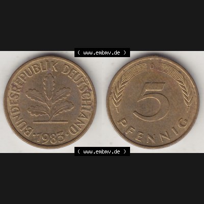 BRD Münzen 5 Pf., Umlaufmünze 1950-2001, 5 Pfennig, 1983 D-1. Vorderseite und Rückseite zusammen auf einen Bild / Foto für Desktop-Computer einer... Sammlung