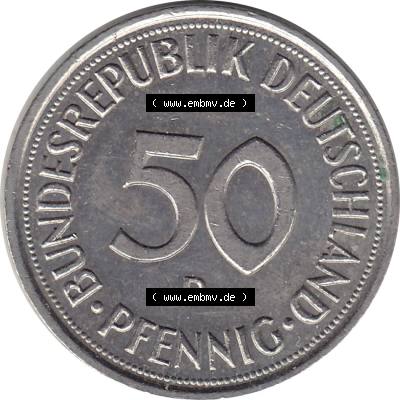 BRD Münzen 50 Pf. Umlaufmünze 1950-2001, 50 Pfennig BRD Deutschland 1992 München mit Mzz. D-1. Rückseite mit Wert-Zahl einer 50 Pfennig Münze einer DM... Sammlung
