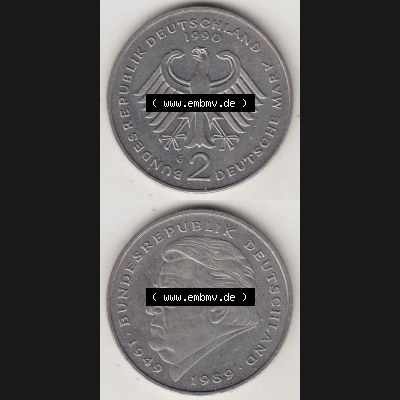 BRD Münzen 2 DM, Gedenkmünze 1990-2001, 2 DM, Deutsche Mark Franz Josef Strauß 1990 G-1. Vorderseite und Rückseite einer Münze auf einen Bild / Foto,... Sammlung