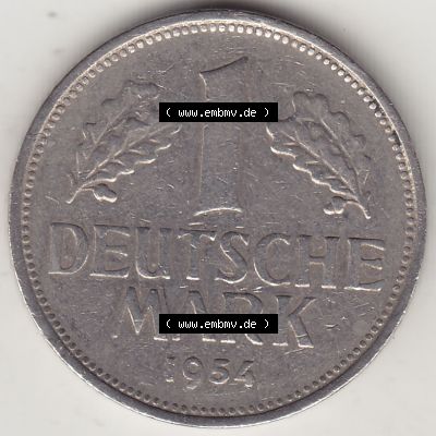 BRD Münzen 1 Deutsche Mark, Umlaufmünze 1950-2001, 1 DM Deutsche Mark, 1954 G-2. Münzen-Rückseite mit Nennwert / Nominalwert / Wert-Zahl einer 1 DM,... Sammlung