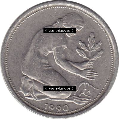 BRD Münzen 50 Pf. Umlaufmünze 1950-2001, 50 Pfennig BRD Deutschland 1990 Stuttgart Mzz. F-1. Vorderseite mit 50-Pfennig Frau beim pflanzen eines Eichensetzling,... Sammlung