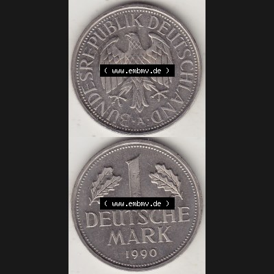 BRD Münzen 1 Deutsche Mark, Umlaufmünze 1990-2001, 1 Deutsche Mark 1990 A-2. Münzen-Rückseite und Münzen-Vorderseite vertikal untereinander als Vollansicht für... Sammlung