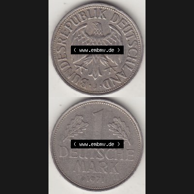 BRD Münzen 1 Deutsche Mark, Umlaufmünze 1950-2001, 1 DM Deutsche Mark, 1971 J-1. Münzen-Rückseite und Münzen-Vorderseite vertikal untereinander als Vollansicht... Sammlung