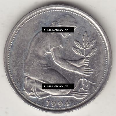 BRD Münzen 50 Pf. Umlaufmünze 1990-2001, 50 Pfennig Deutschland der BRD 1994 A-1. Vorderseite der digitalisierte 50 Pfennig A, mit Mzz. A für Berlin aus... Sammlung