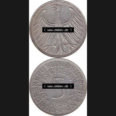 BRD Münzen Silbermünze 1951-1974, 5 DM aus Deutschland, 5 Deutsche Mark Silberadler, Heiermann 1956 Münzzeichen / Mzz. "F" für Stuttgart-1.... Sammlung