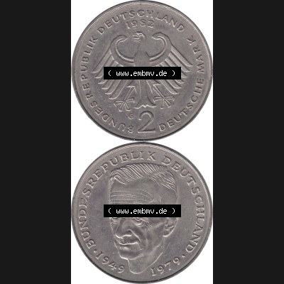 BRD Münzen 2 DM, Gedenkmünze 1979-1993, 2 DM, Deutsche Mark Kurt Schumacher Deutschland 1982 G-1. Vorderseite und Rückseite mit Wert-Zahl eine 2 DM - Zwei Deutsche... Sammlung