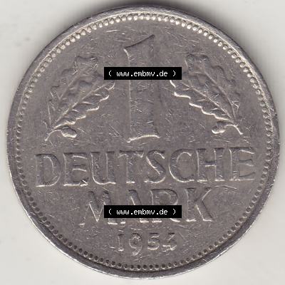 BRD Münzen 1 Deutsche Mark, Umlaufmünze 1950-2001, 1 DM Deutsche Mark, 1954 G-5. Münzen-Rückseite mit Nennwert / Nominalwert / Wert-Zahl einer 1 DM,... Sammlung