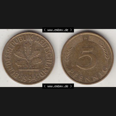 BRD Münzen 5 Pf., Umlaufmünze 1990-2001, 5 Pfennig, 1994 A-1. Vorderseite und Rückseite zusammen auf einen Bild / Foto für Desktop-Computer einer... Sammlung