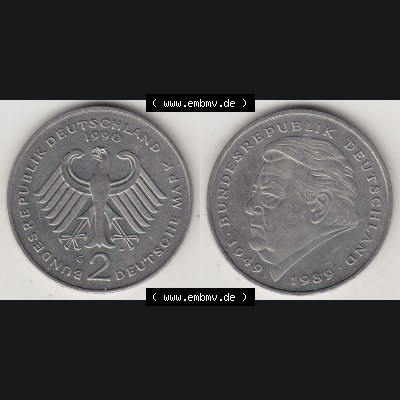 BRD Münzen 2 DM, Gedenkmünze 1990-2001, 2 DM, Deutsche Mark Franz Josef Strauß 1990 G-1. VS-RS auf einen Bild / Foto einer 2 DM, 2 Deutsche Mark G Gedenkmünze,... Sammlung