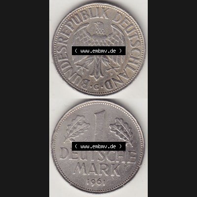 BRD Münzen 1 Deutsche Mark, Umlaufmünze 1950-2001, 1 DM Deutsche Mark, 1961 G-1. Münzen-Rückseite und Münzen-Vorderseite vertikal untereinander als Vollansicht... Sammlung