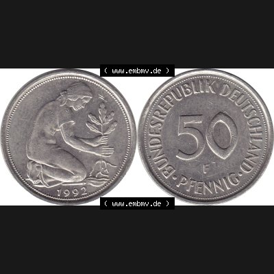 BRD Münzen 50 Pf. Umlaufmünze 1950-2001, 50 Pfennig BRD Deutschland 1992 Stuttgart Mzz. F-1. Vorderseite und Rückseite mit Wert-Zahl einer 50 Pfennig Münze... Sammlung