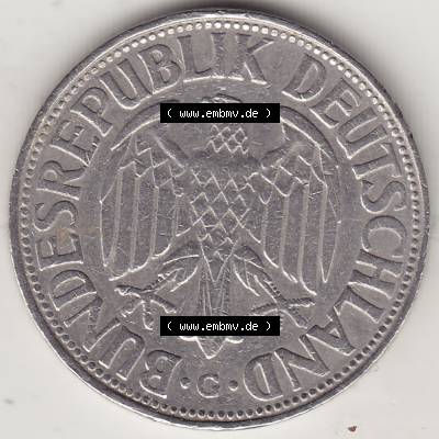 BRD Münzen 1 Deutsche Mark, Umlaufmünze 1950-2001, 1 DM Deutsche Mark, 1954 G-1. Vorderseite einer 1 DM, 1 Deutsche Mark G, Mzz. G für Karlsruhe... Sammlung