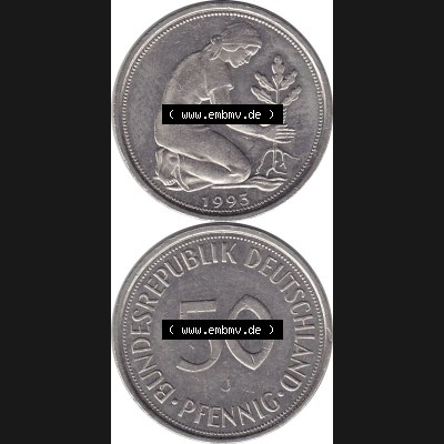 BRD Münzen 50 Pf. Umlaufmünze 1950-2001, 50 Pfennig BRD Deutschland 1993 Mzz. Hamburg J-1. Vorderseite und Rückseite auf einen Bild / Foto vertikal untereinander... Sammlung