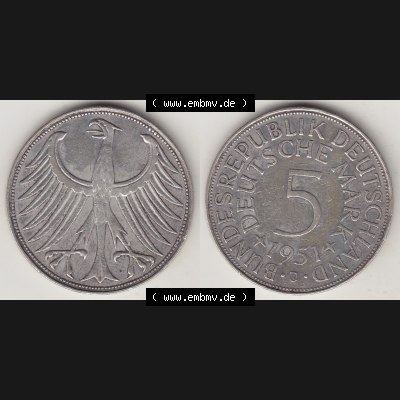 BRD Münzen Silbermünze 1951-1974, 5 DM, 5 Deutsche Mark Silberadler, Heiermann 1951 J-1. Vorderseite und Rückseite auf einen Bild/Foto mit Wert-Zahl von 5 Deutsche... Sammlung