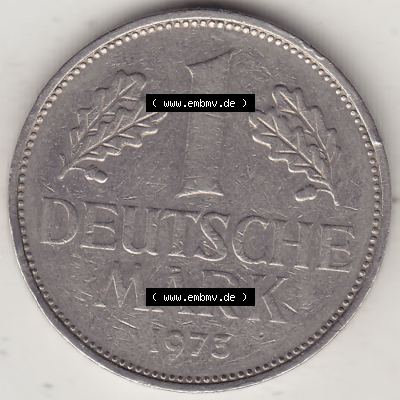 BRD Münzen 1 Deutsche Mark, Umlaufmünze 1950-2001, 1 DM Deutsche Mark, 1973 G-1. Münzen-Rückseite mit Nennwert / Nominalwert / Wert-Zahl einer 1 DM,... Sammlung