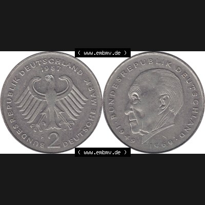 BRD Münzen 2 DM, Gedenkmünze 1969-1987, 2 DM, Deutsche Mark Münze mit Konrad Adenauer aus Deutschland 1987 F-1. Vorderseite und Rückseite mit Wert-Zahl einer... Sammlung