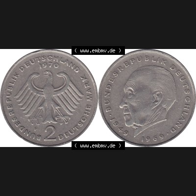 BRD Münzen 2 DM, Gedenkmünze 1969-1987, 2 DM, Deutsche Mark Münze mit Konrad Adenauer aus Deutschland 1970 F-1. Vorderseite und Rückseite mit Wert-Zahl einer... Sammlung
