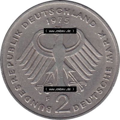 BRD Münzen 2 DM, Gedenkmünze 1969-1987, 2 DM, Deutsche Mark Münze mit Konrad Adenauer aus Deutschland 1975 F-1. Vorderseite einer Deutschen Münze der BRD,... Sammlung