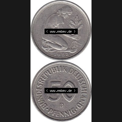 BRD Münzen 50 Pf. Umlaufmünze 1950-2001, 50 Pfennig BRD Deutschland 1988 München mit Mzz. D-1. Vorderseite und Rückseite mit Wert-Zahl eine 50 Pfennig Münze... Sammlung