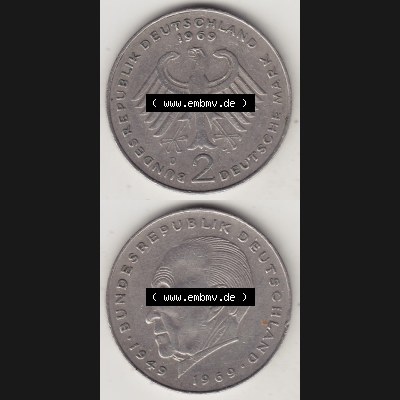BRD Münzen 2 DM, Gedenkmünze 1969-1987, 2 DM, Deutsche Mark Konrad Adenauer 1969 D-1. Vorderseite und Rückseite einer Münze auf einen Bild / Foto,... Sammlung