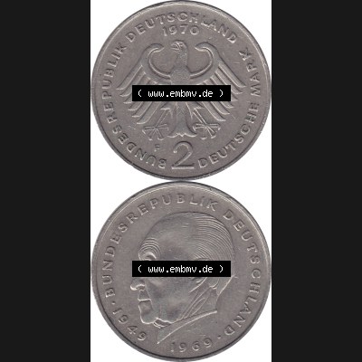 BRD Münzen 2 DM, Gedenkmünze 1969-1987, 2 DM, Deutsche Mark Münze mit Konrad Adenauer aus Deutschland 1970 F-1. Vorderseite und Rückseite mit Wert-Zahl eine... Sammlung