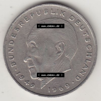 BRD Münzen 2 DM, Gedenkmünze 1969-1987, 2 DM, Deutsche Mark Konrad Adenauer 1976 F-1. Rückseite einer 2 DM, 2 Deutsche Mark F Gedenkmünze, Mzz.... Sammlung