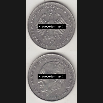 BRD Münzen 2 DM, Gedenkmünze 1969-1987, 2 DM, Deutsche Mark Konrad Adenauer 1987 F-1. Vorderseite und Rückseite einer Münze auf einen Bild / Foto,... Sammlung
